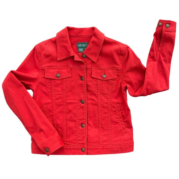 Ralph Lauren Lauren Jeans Co. Red Denim Trucker Jean Jacket Nautical Preppy Sz S - Picture 1 of 11